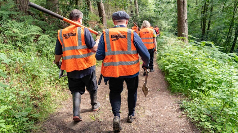 Volunteers with their back to the camera walk along a woodland path wearing hi-vis vests and carrying tools